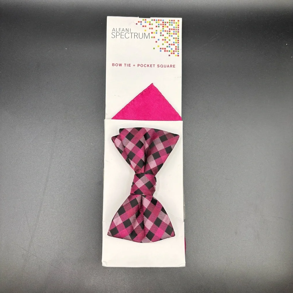 NWT Alfani Spectrum Men’s Bow Tie + Pocket‎ Square Pink Black Gable Gingham